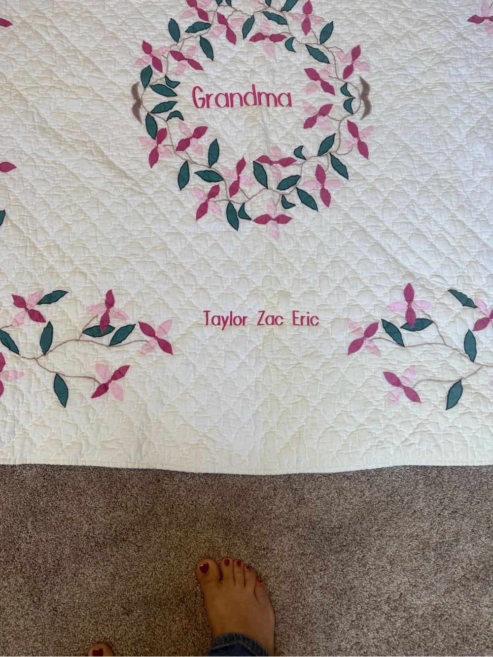 Personalized 'Grandma' White Quilted Throw with Pink & Green Floral Appliqué